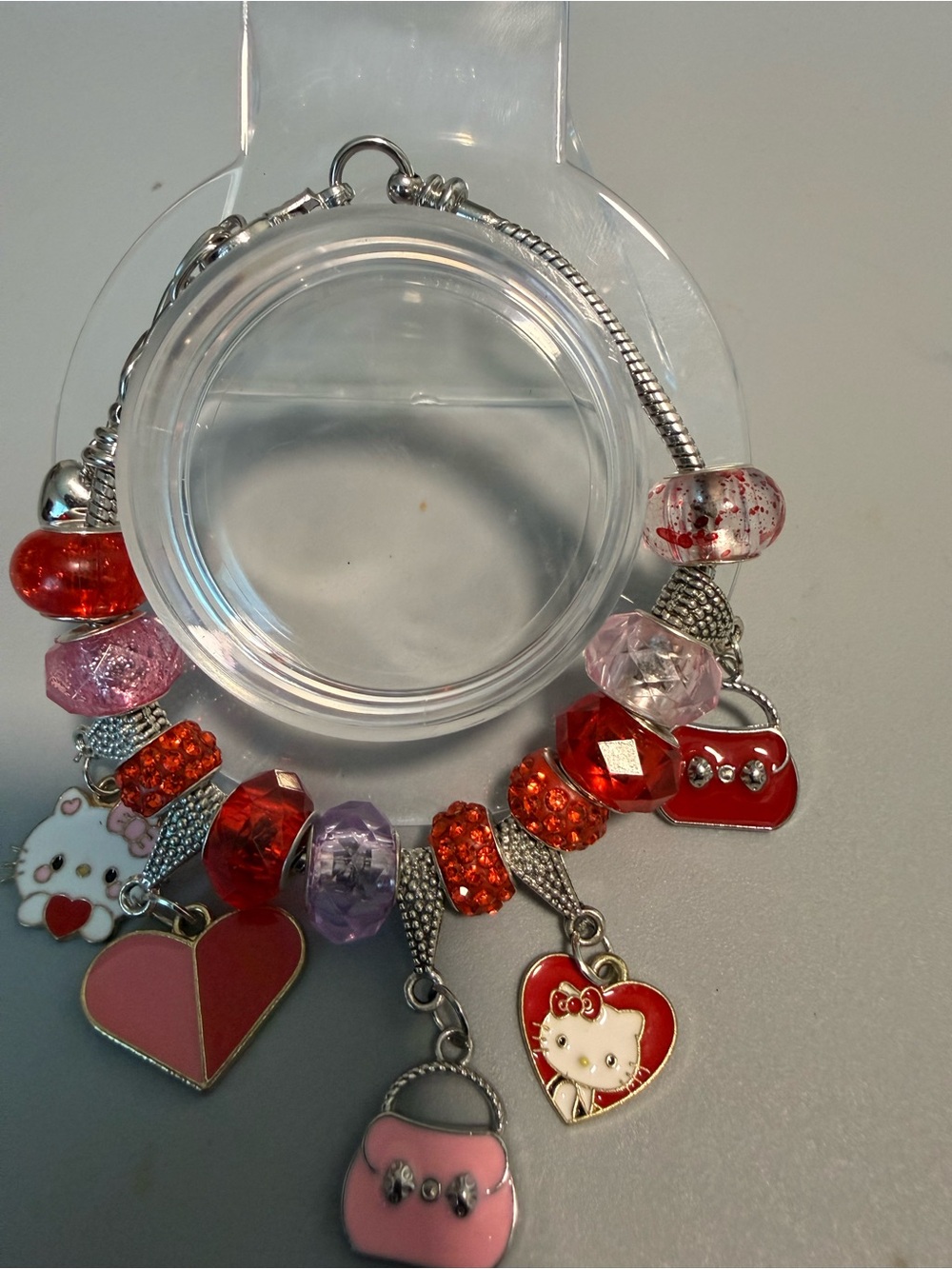 Pink & Red Charm Bracelet with Heart and Kitty Charms